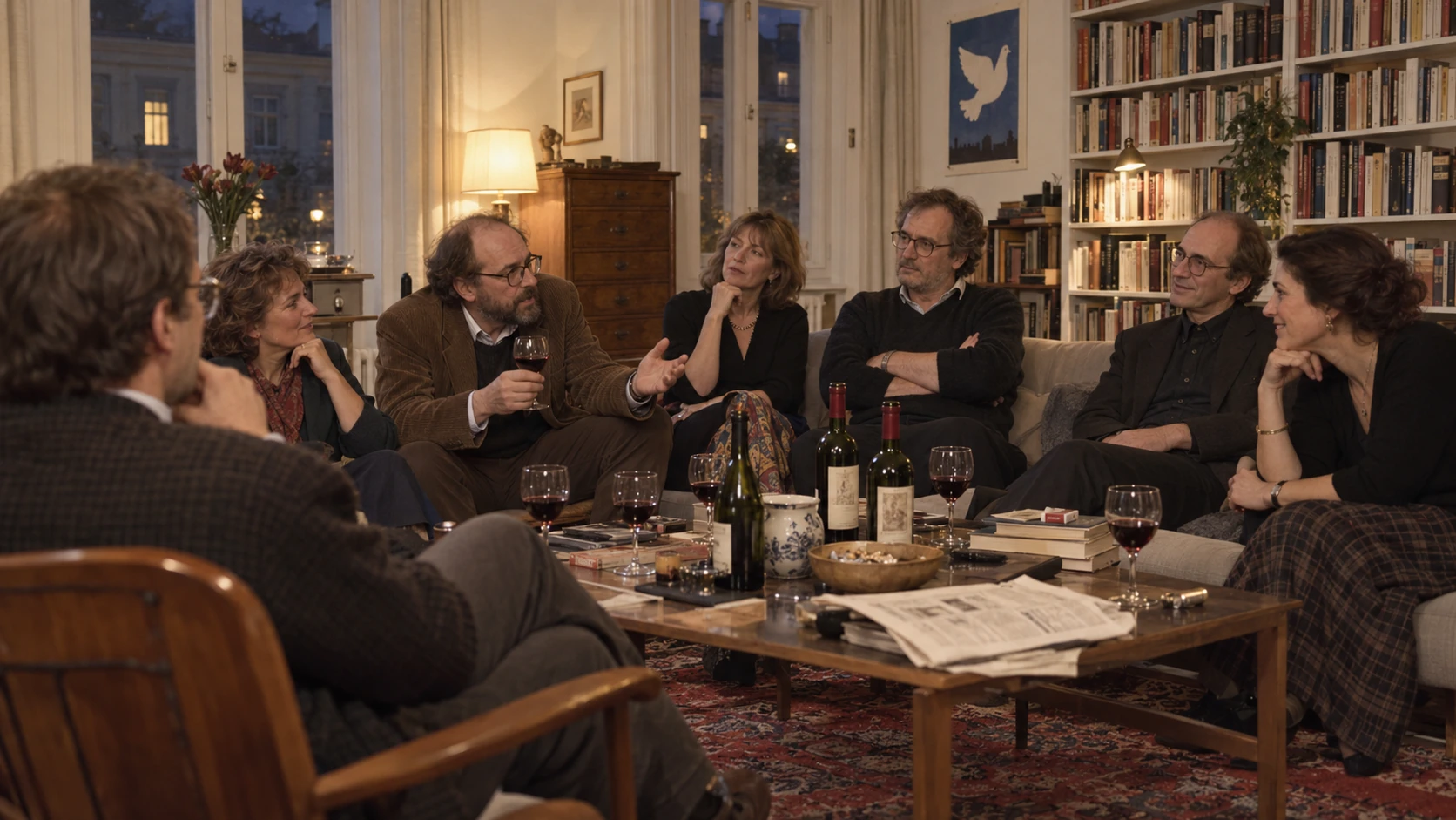 KI-generierte historische Szene eines Gesprächsabends in einer sanierten West-Berliner Altbauwohnung