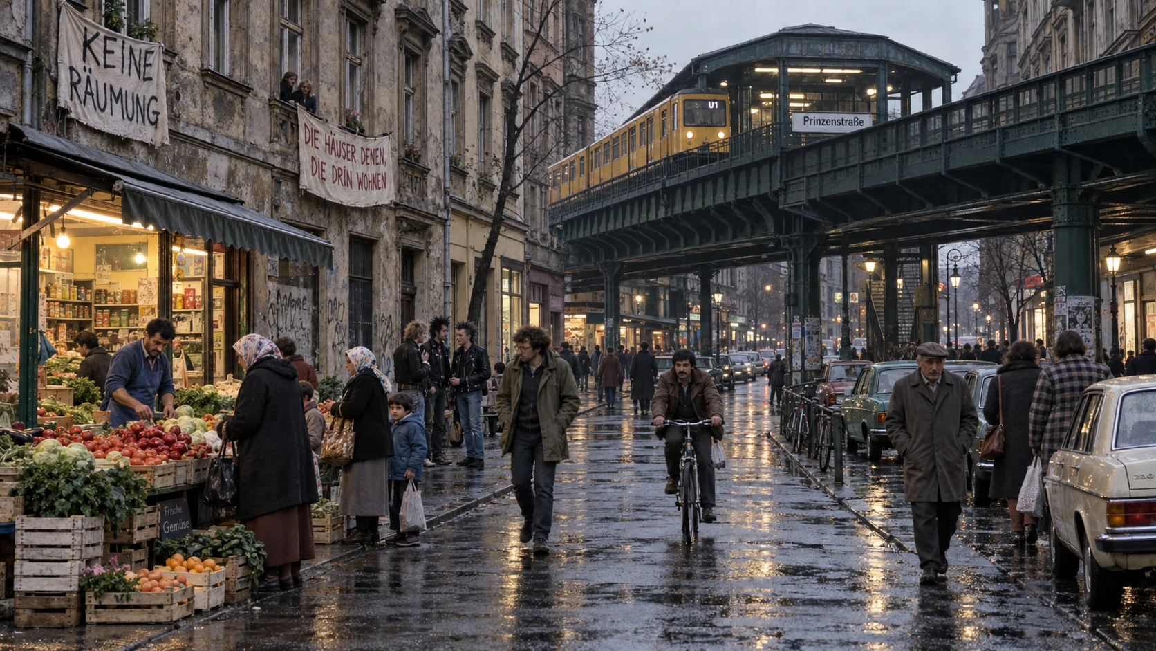 KI-generierte historische Szene einer regennassen Kreuzberger Straße mit U-Bahn, Gemüseladen und Hausbesetzertransparenten