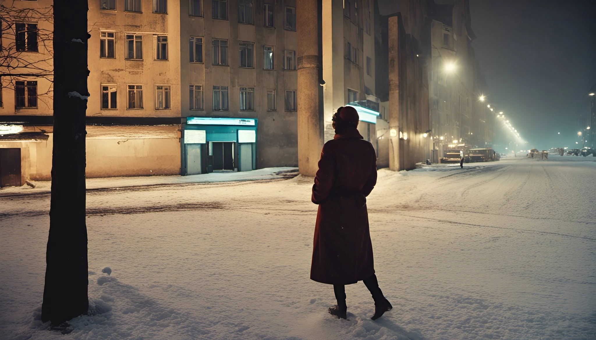KI-generierte historische Szene einer nächtlichen Wohnungssuche im winterlichen Kreuzberg