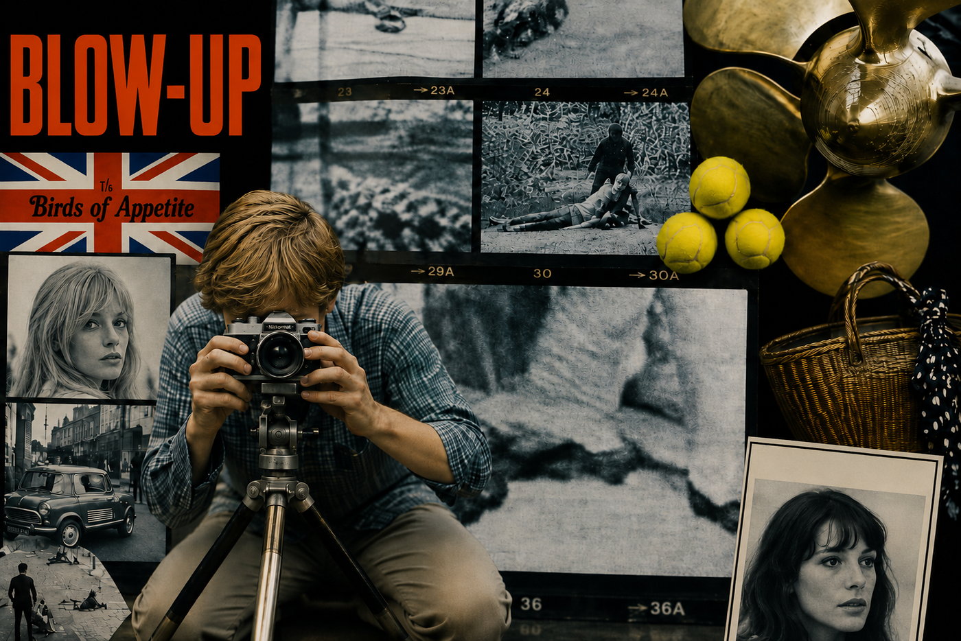 Collage zu Blow-Up mit Kamera, Kontaktabzügen, Tennisbällen, Schiffsschraube und Filmfiguren