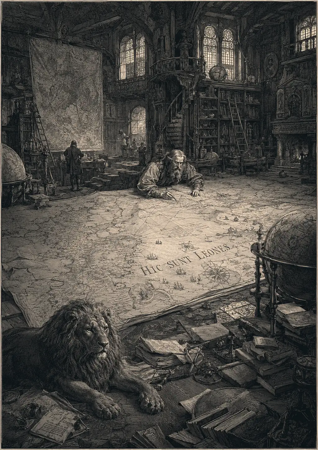 Ein Kartograph arbeitet in einer Bibliothek an einer raumfüllenden Karte