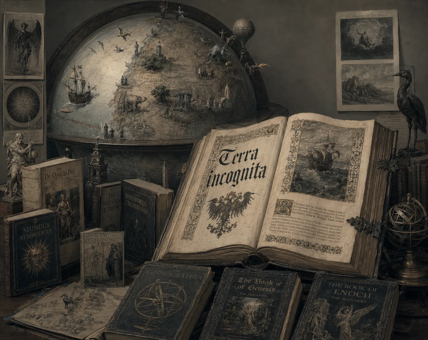 Bücher, Weltkugel und ein aufgeschlagenes Buch mit der Aufschrift Terra incognita
