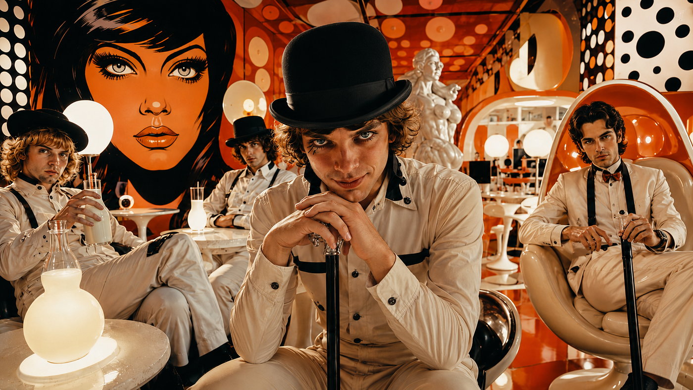 Pop-artige Szene zu Uhrwerk Orange mit Figuren in weißer Kleidung und schwarzer Melone in orangefarbenem Interieur