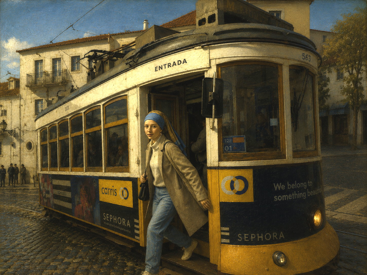Vermeer-artige junge Frau steigt aus einer historischen Straßenbahn in einer alten Stadt