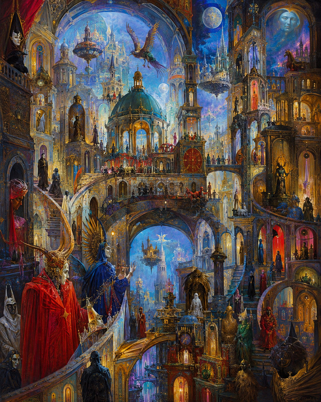 Dichte farbige phantastische Architektur mit vielen Figuren und Ebenen
