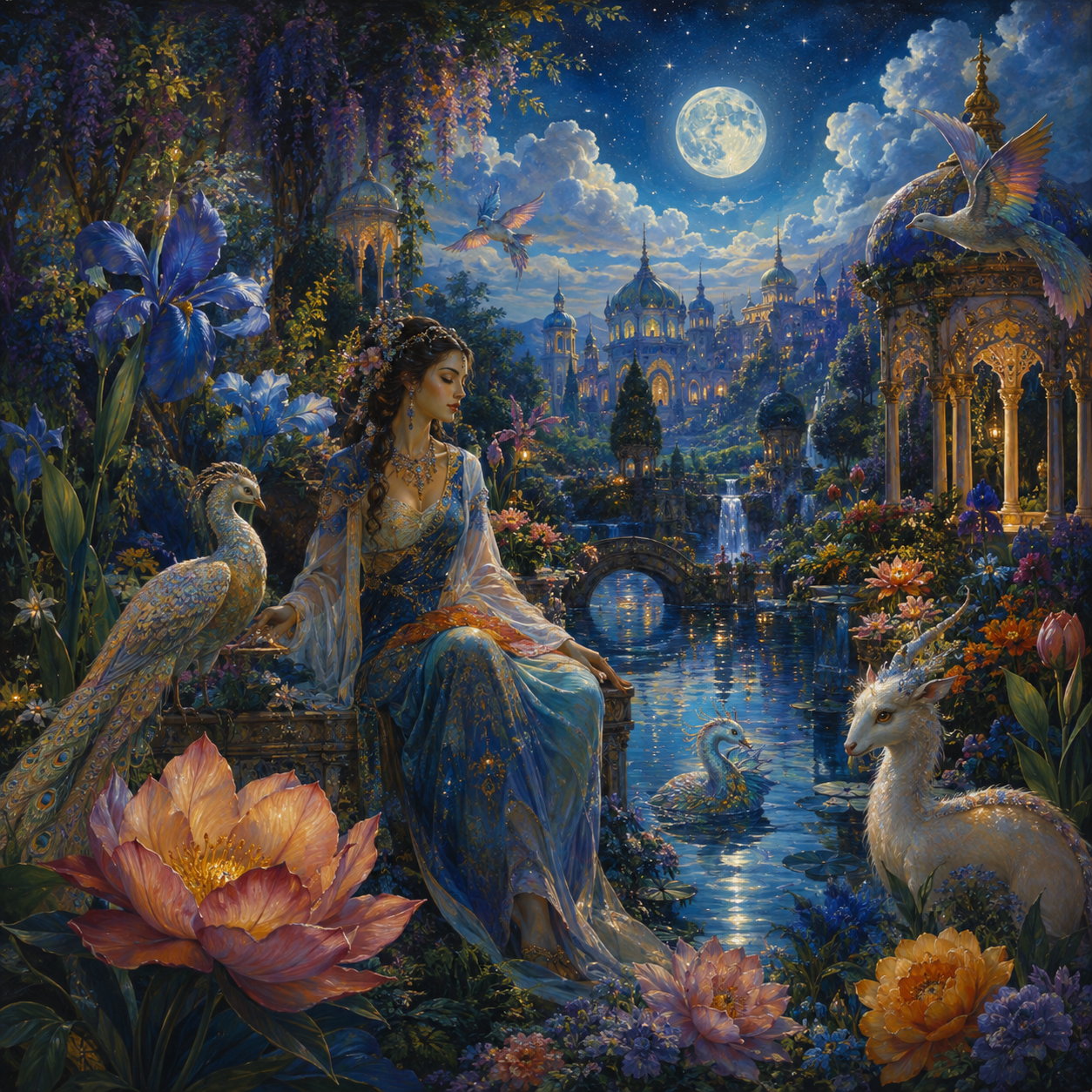 Farbintensiver phantastischer Garten mit Figur, Tieren und Blüten