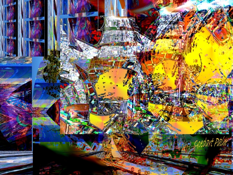 Verschaltete farbige Bildräume mit Schiff, Küste und technischen Fragmenten als Golden-Fang-Vexierbild