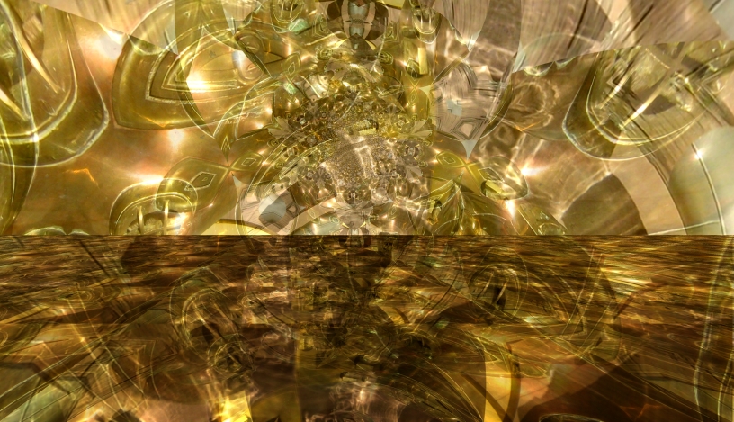 Goldener abstrakter Bildraum, der zwischen Horizont, Schiffskörper, Zahn und optischer Maschine oszilliert