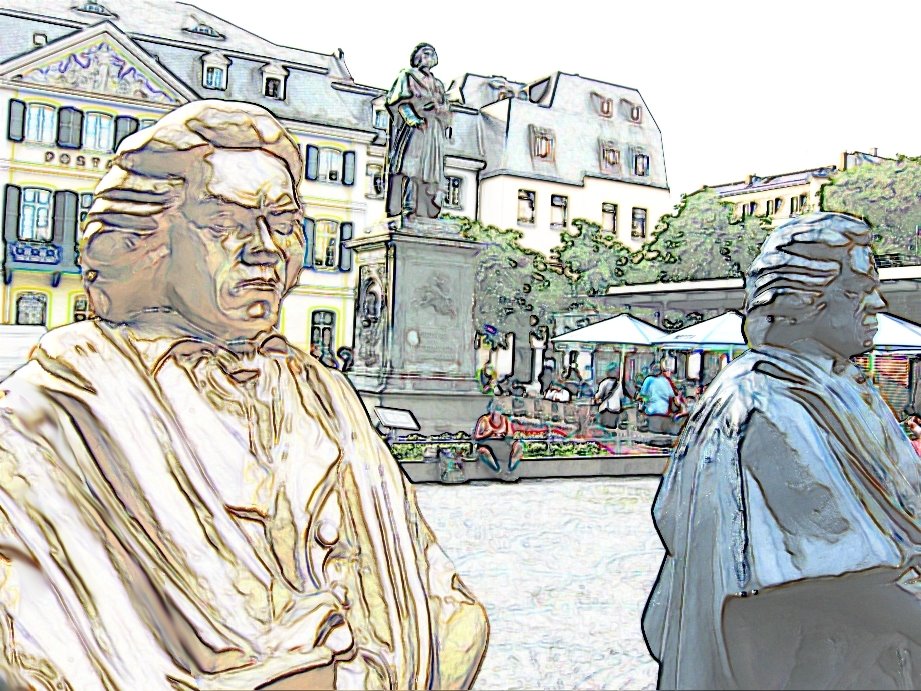 Künstlerisch verfremdete Bonner Ansicht mit mehreren Beethoven-Figuren und dem Denkmal auf dem Münsterplatz