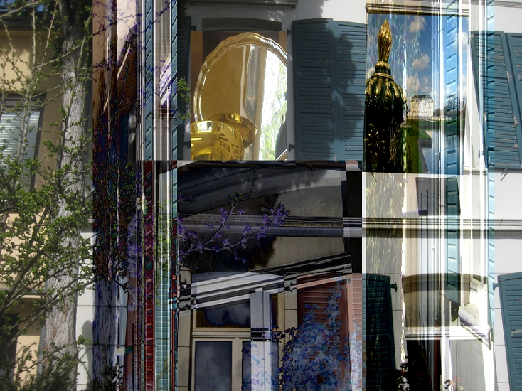 Digitale Montage aus Architektur, Figur und transparenten Bildschichten zu Max Ernst