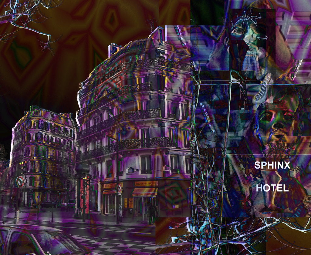 Digitale historische Grafik mit dem Sphinx-Hôtel und urbanen Überlagerungen