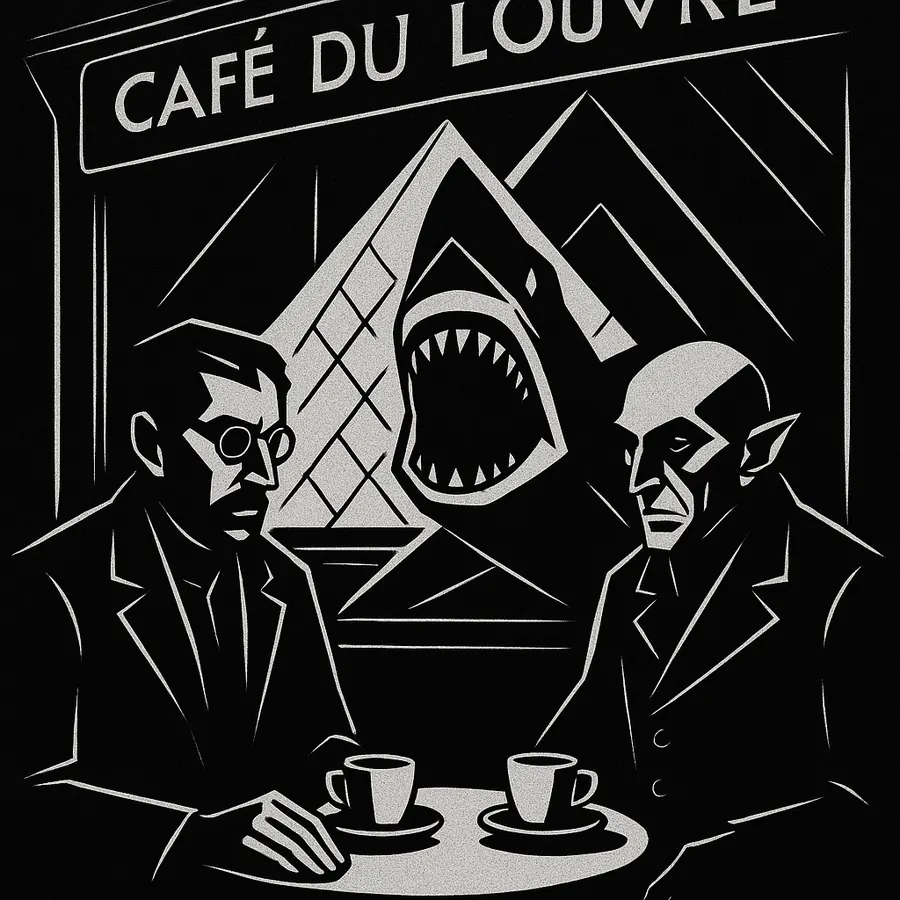 Schwarzweiße grafische Szene mit zwei Männern im Café du Louvre