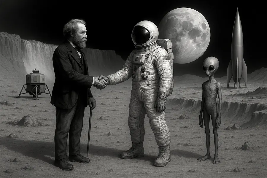 Viktorianischer Forscher begrüßt einen Astronauten auf dem Mond neben einem Außerirdischen