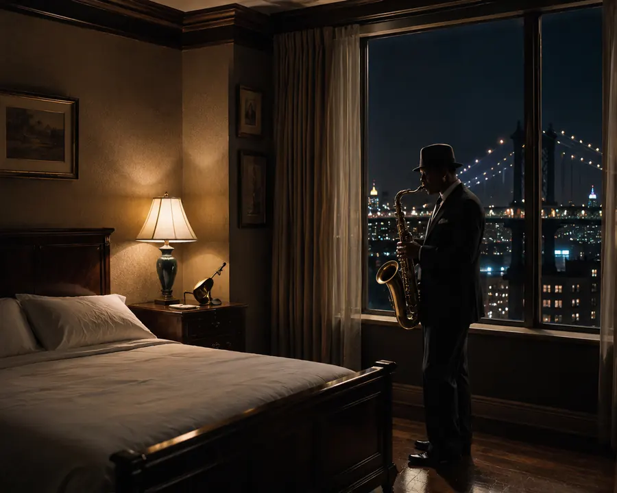 Saxophonist in einem nächtlichen Zimmer vor der New Yorker Skyline