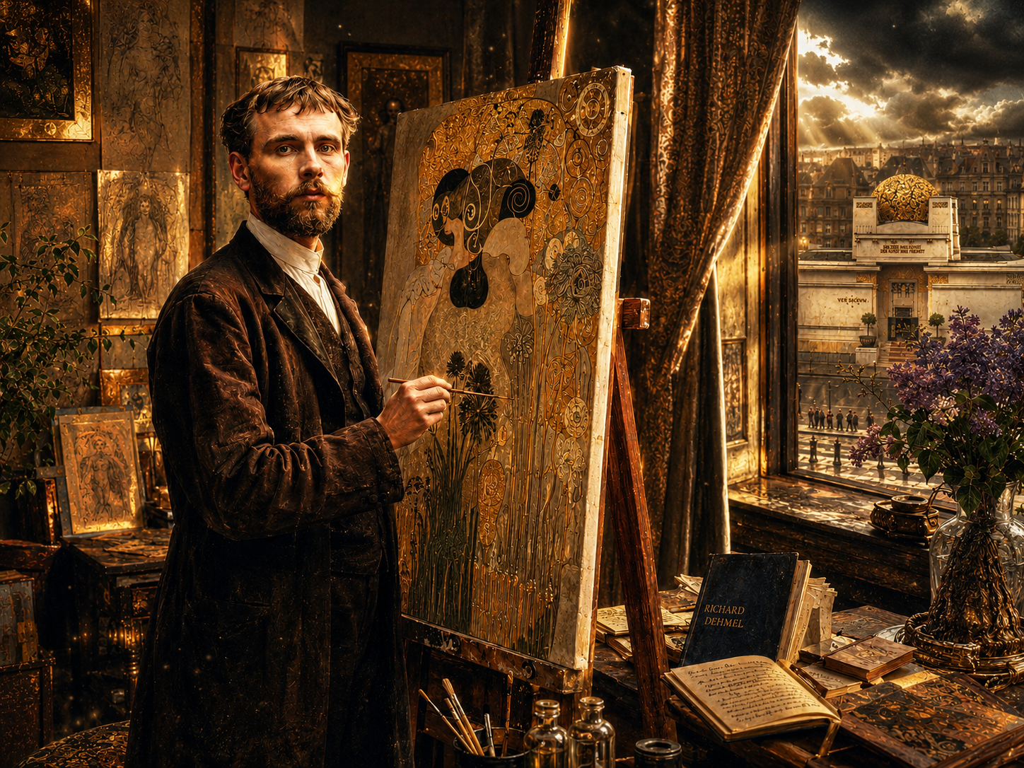 Essayistische Reimagination Gustav Klimts in einem goldenen Wiener Atelier