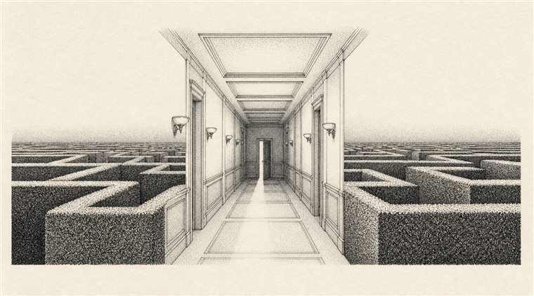 Zeichnerische Verschränkung eines Hotelgangs mit einem Labyrinth