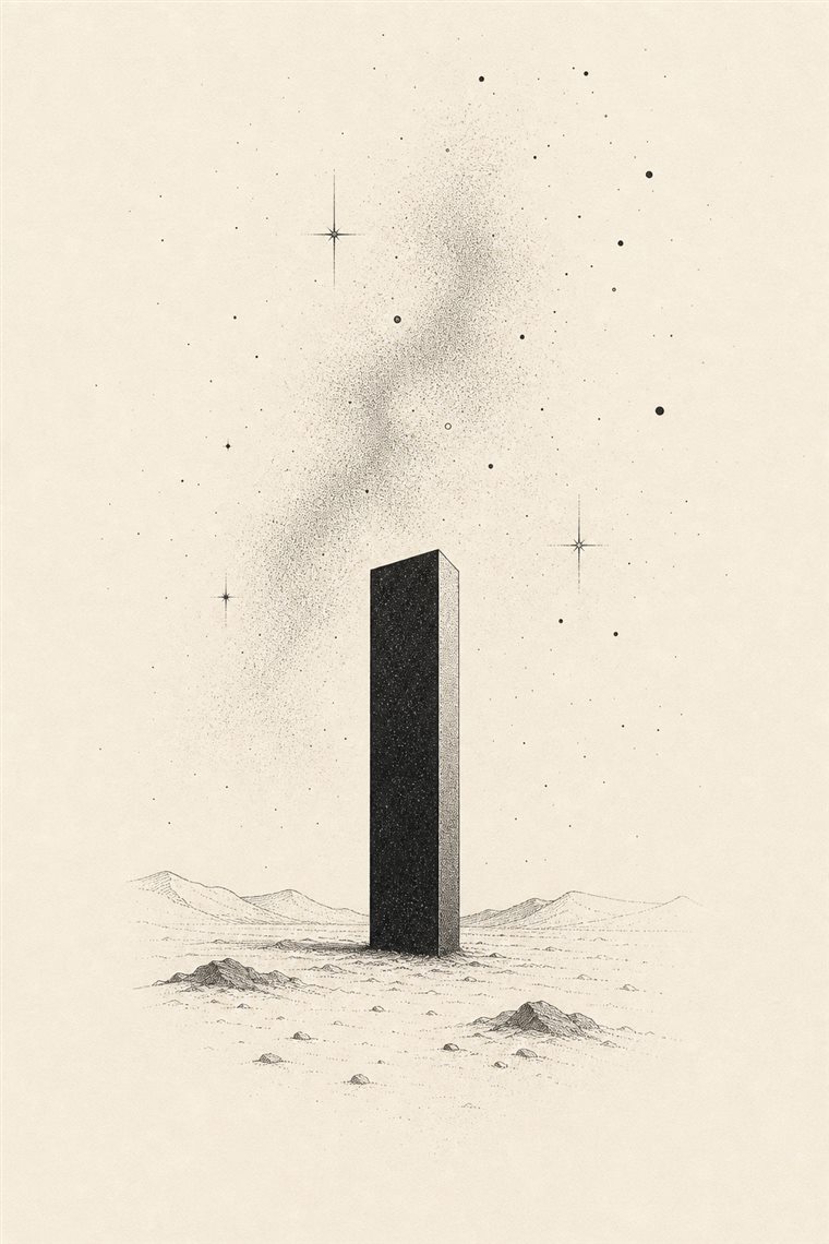 Schwarzer Monolith in einer weiten Landschaft unter einem Sternenhimmel