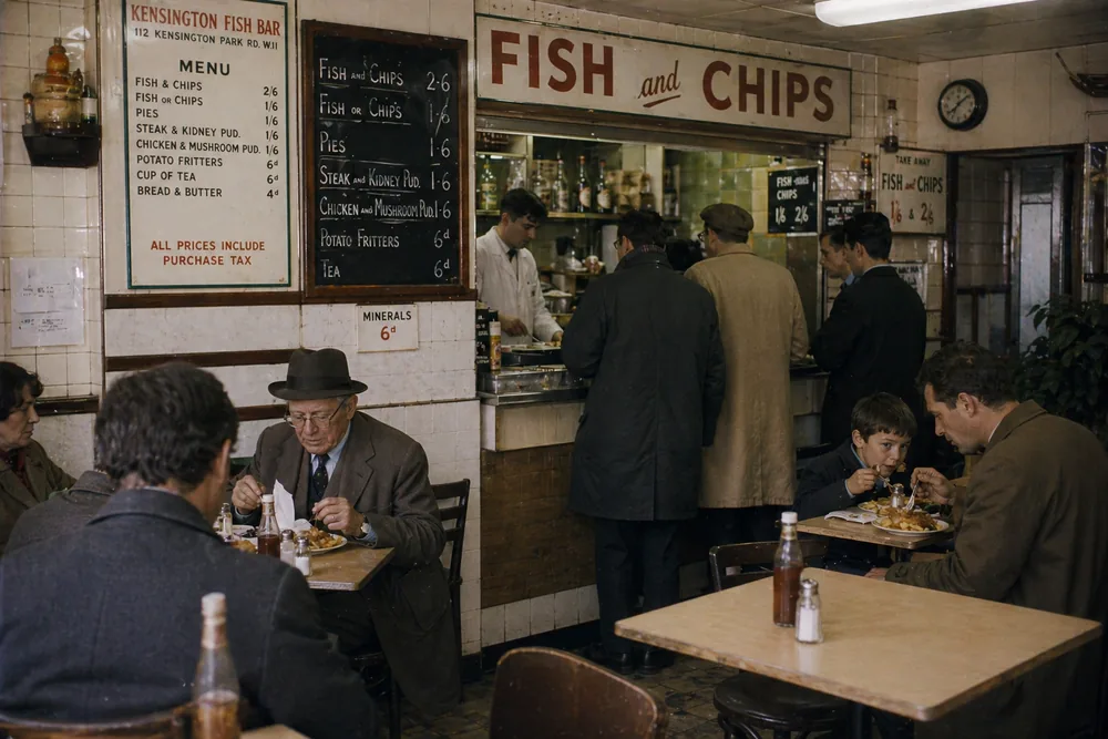 Imaginierter Londoner Fish-and-Chips-Imbiss als persönliches Erinnerungsmotiv