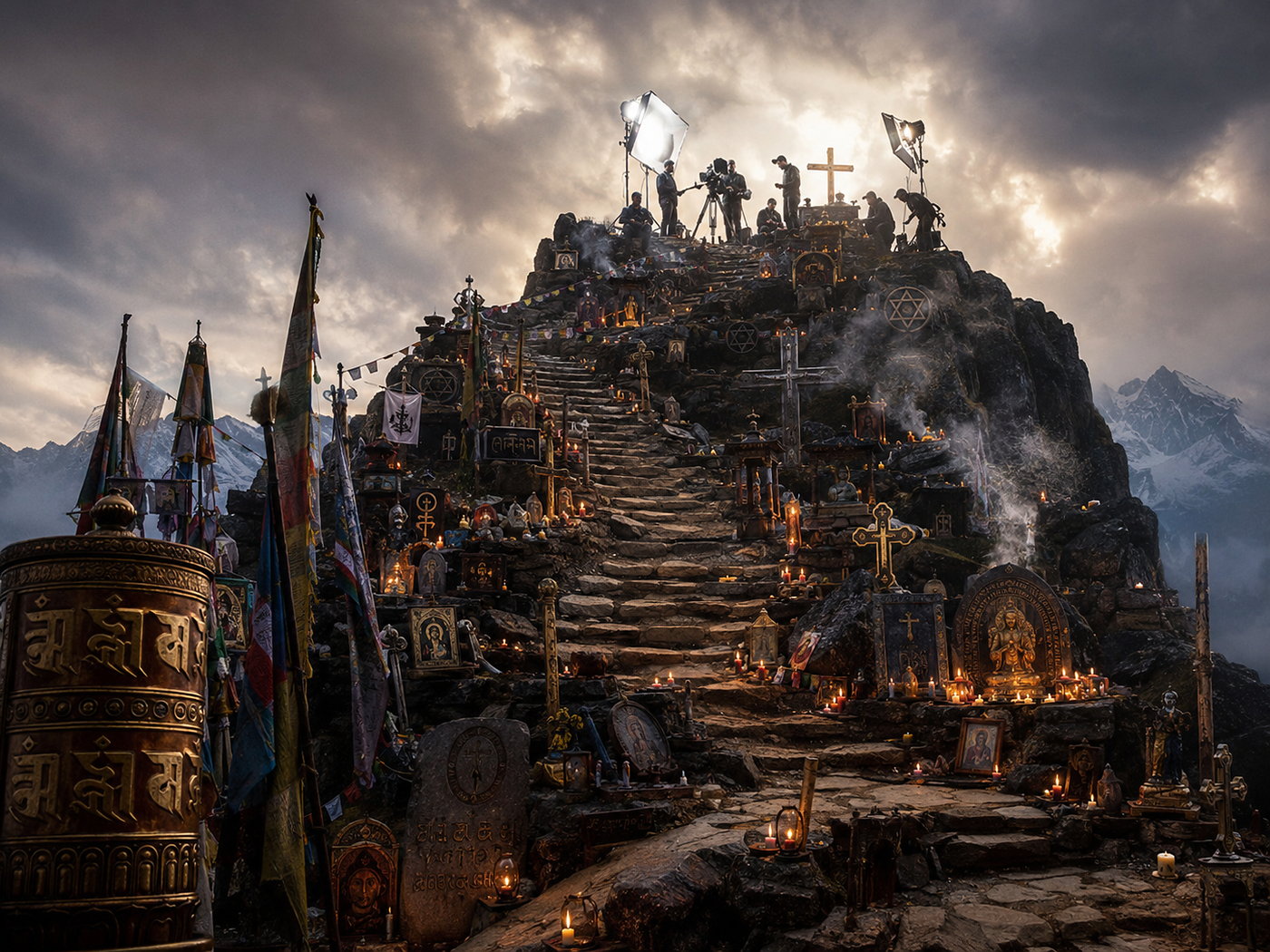 Filmset auf einem von Kultobjekten, Kreuzen und Fahnen bedeckten Berggipfel als Motiv zu Montana Sacra