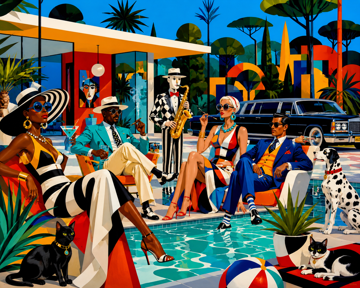 Eine farbintensive Gesellschaft am Pool mit Saxophonisten