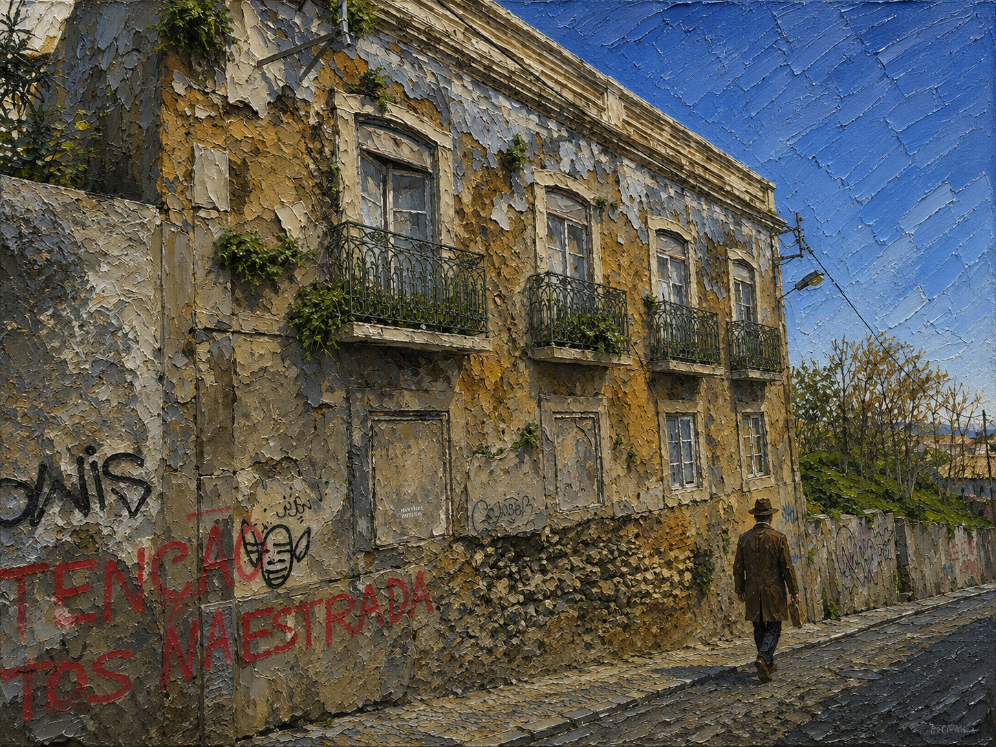 Verwitterte Hausfassade in Lissabon mit einer einzelnen gehenden Person