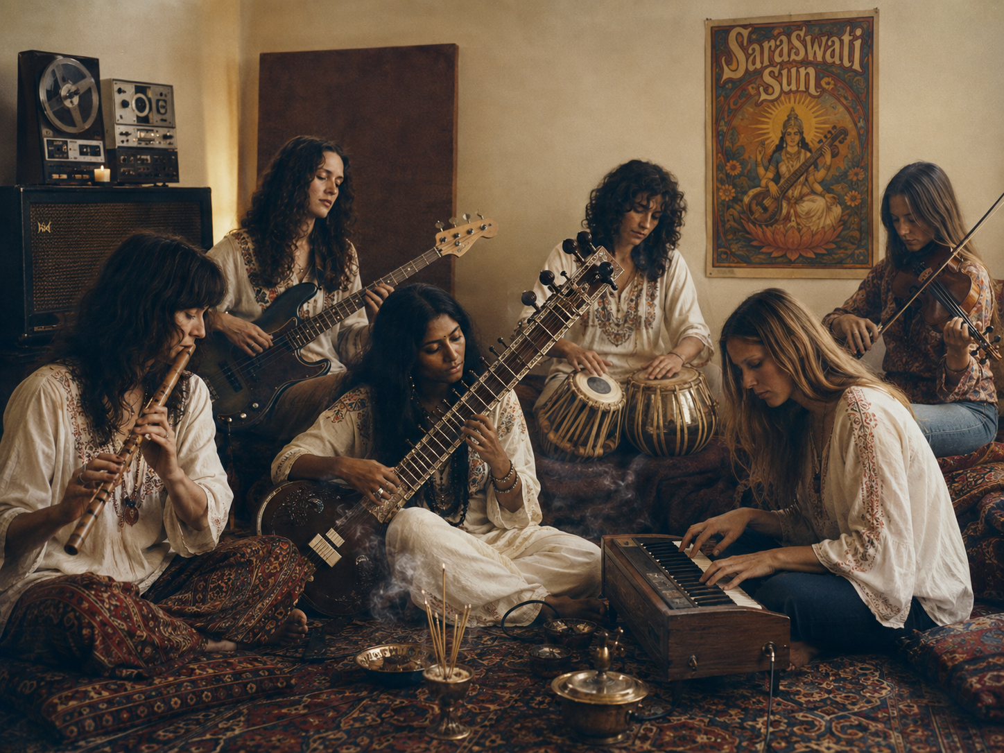 Musikerinnen spielen Sitar, Tabla, Flöte, Violine und Harmonium