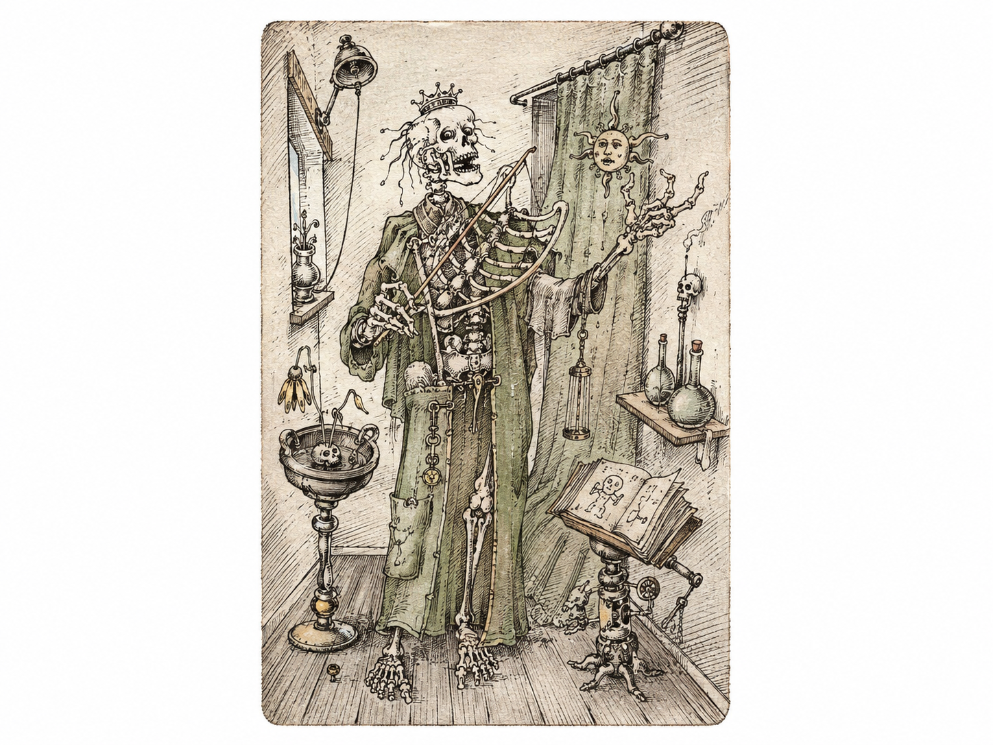Groteske Federzeichnung einer skelettierten Figur in einem mit Apparaten gefüllten Interieur