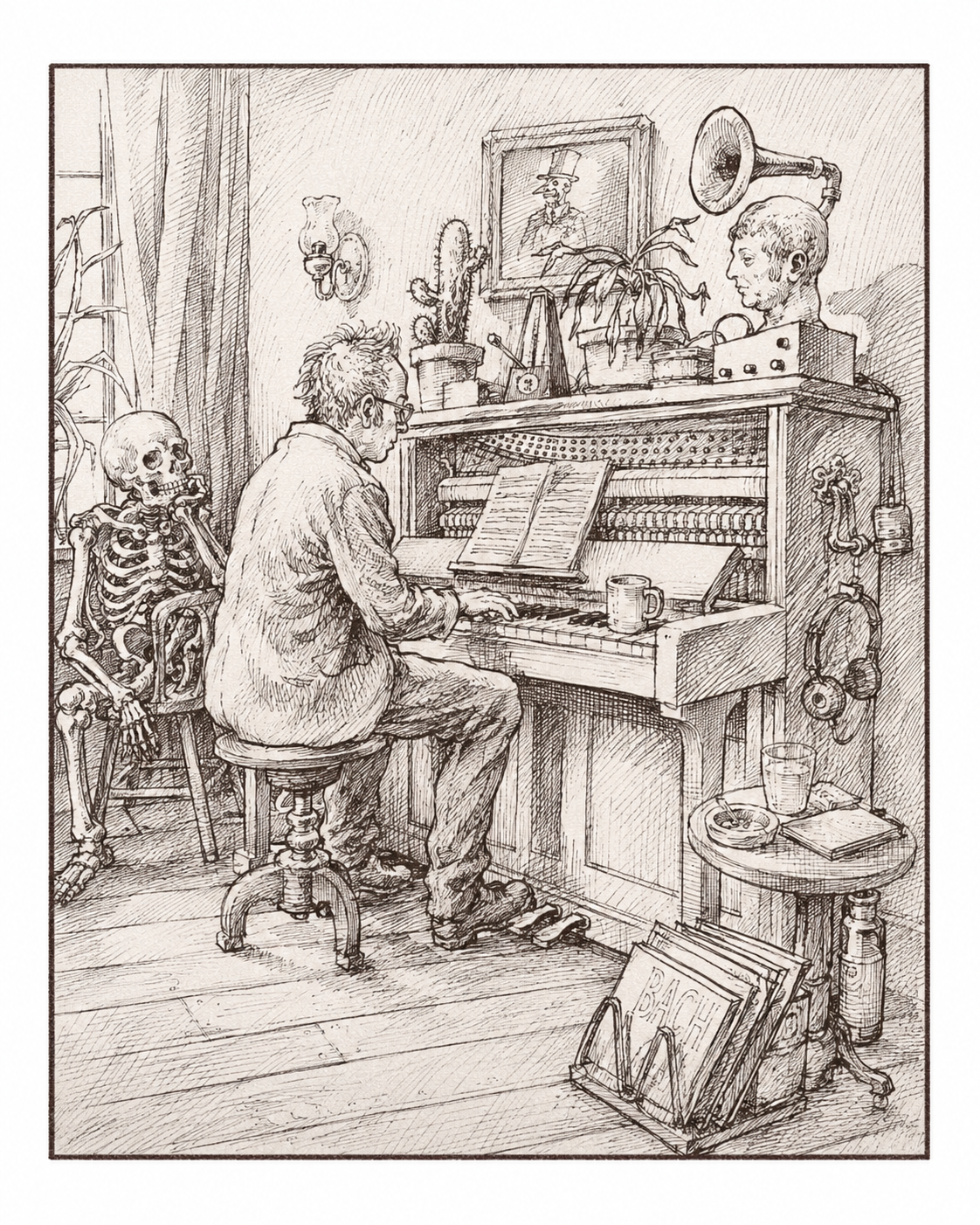 Federzeichnung eines Pianisten in einem Interieur neben einem sitzenden Skelett