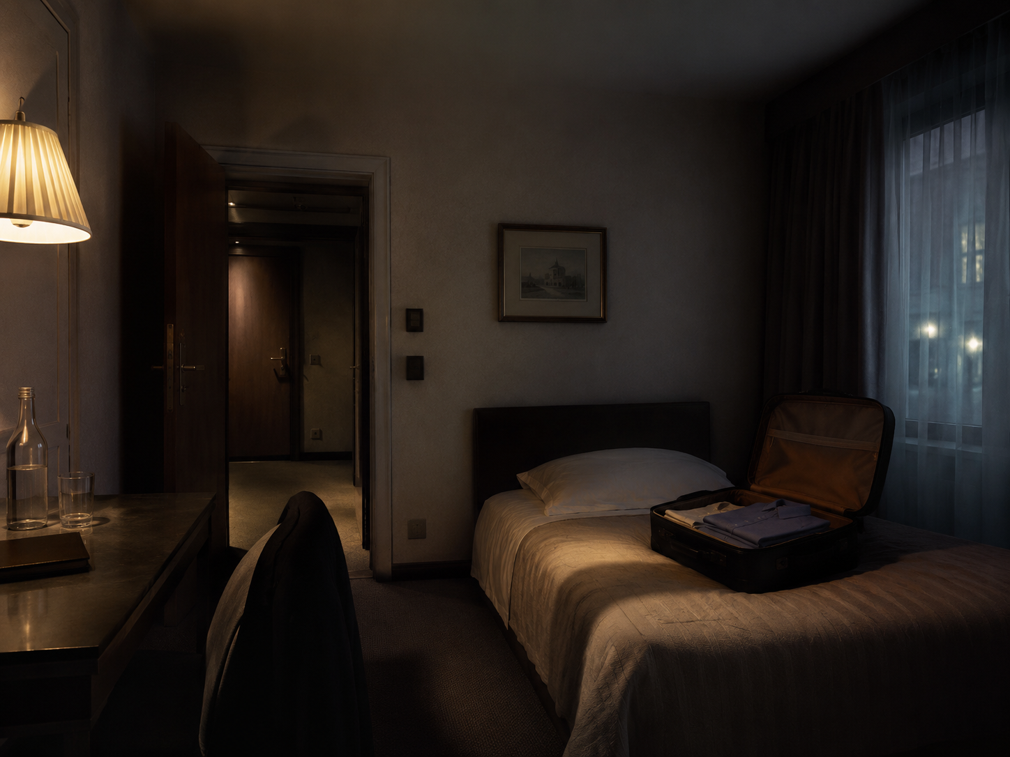 Dunkles, noch fremdes Hotelzimmer am ersten Abend