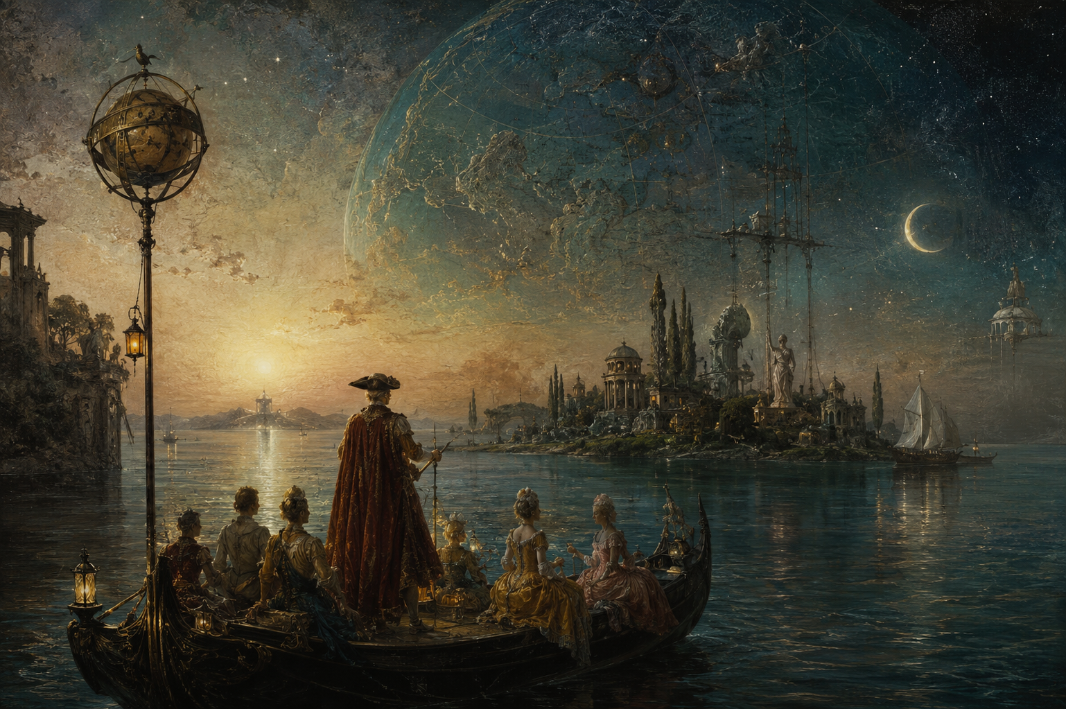 Historische Gesellschaft in einem Boot vor einer kosmischen Inselwelt