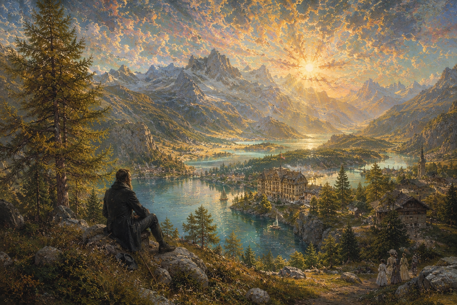 Romantischer Wanderer blickt über eine leuchtende alpine Seenlandschaft