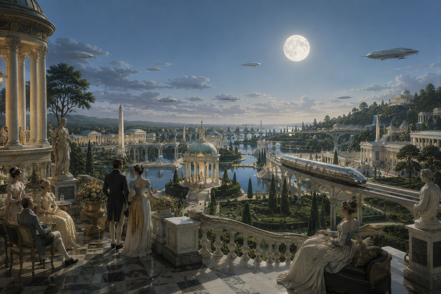 Klassische Gartenstadt mit Hochbahn, Luftschiffen und Vollmond