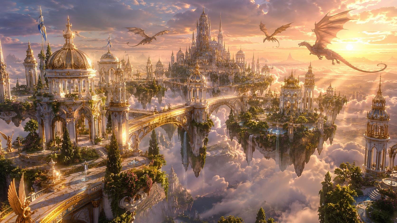Goldene Stadt auf schwebenden Inseln mit Drachen über den Wolken