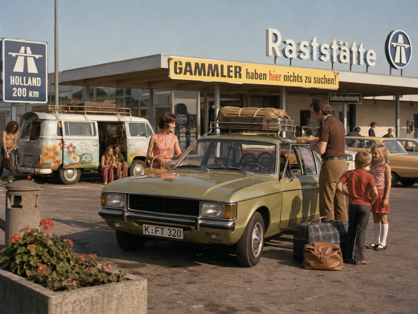 Familie an einer deutschen Autobahnraststätte der frühen Siebzigerjahre