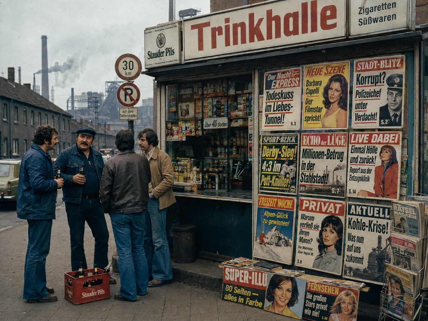 Trinkhalle im Ruhrgebiet mit Männern, Bier, Zeitschriften und Industrie im Hintergrund