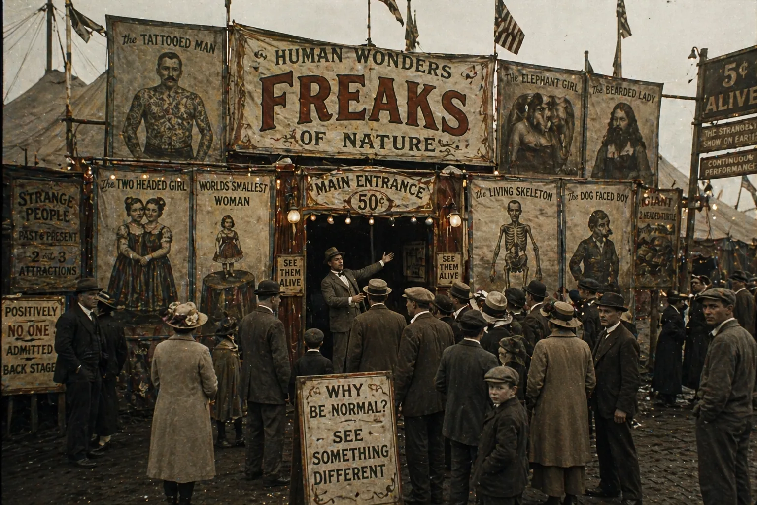 Historische Jahrmarktsfront mit gemalten Freakshow-Plakaten und einer dicht gedrängten Zuschauermenge