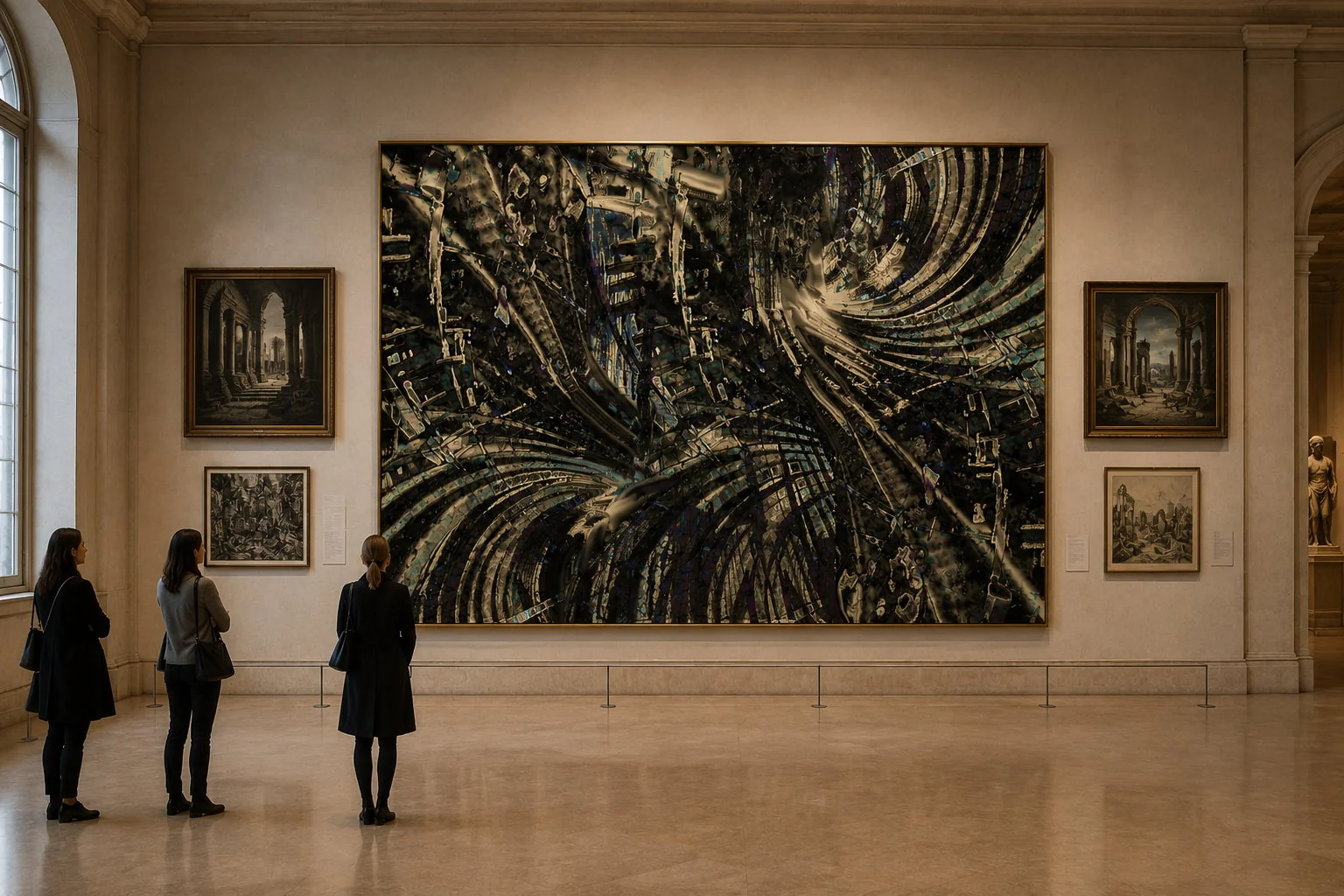 Dunkles abstrakt-architektonisches Werk von Goedart Palm in einer imaginierten Museumshalle