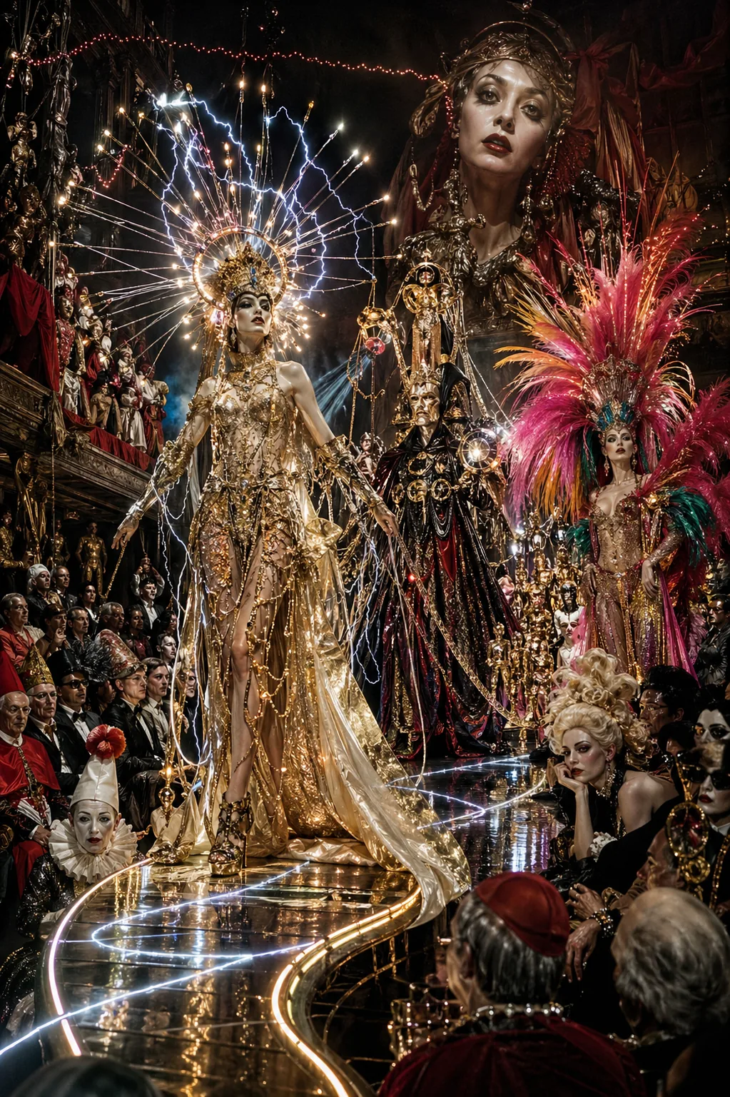 Eine opulente Bühne mit Figuren, Licht und Publikum