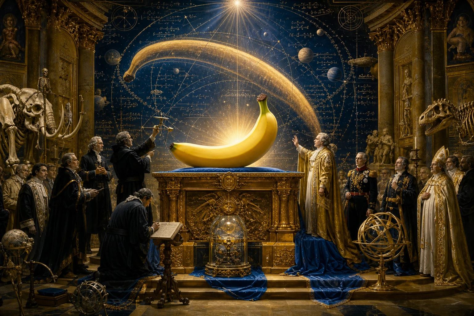 Banane auf einem goldenen Altar vor kosmologischen Diagrammen und ehrfürchtigen Gelehrten
