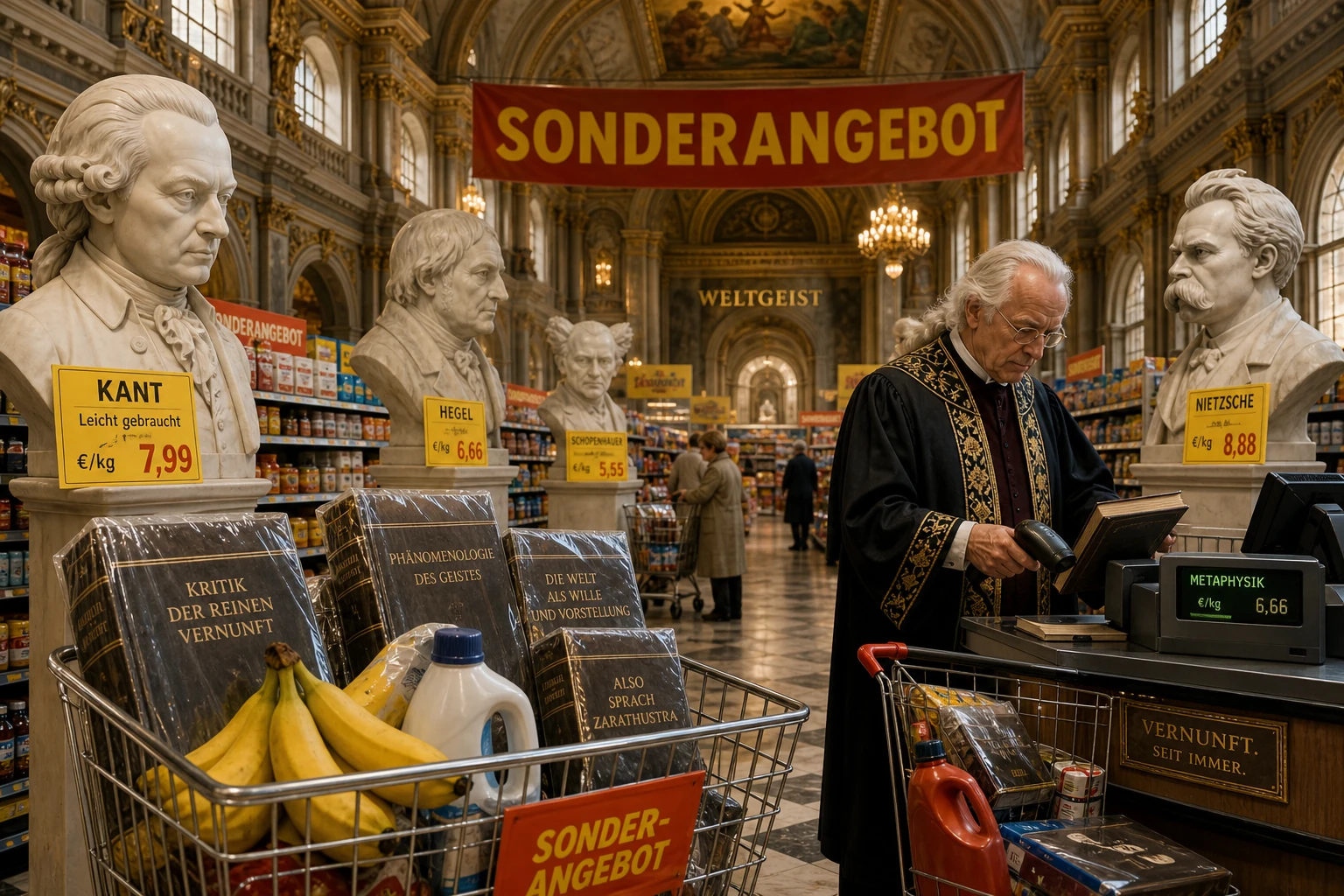 Prunkvolle philosophische Akademie als Discounter mit Philosophenbüsten, Einkaufswagen und reduzierten Werken