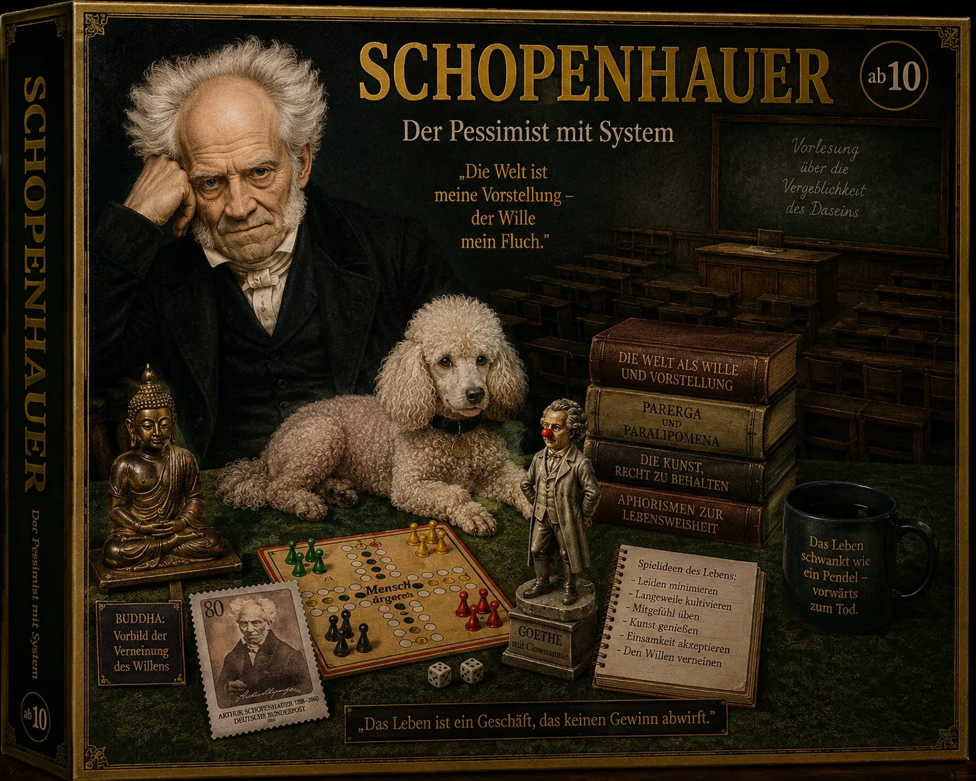 Imaginierter Denkraum zu Arthur Schopenhauer mit Büchern und einem Hund