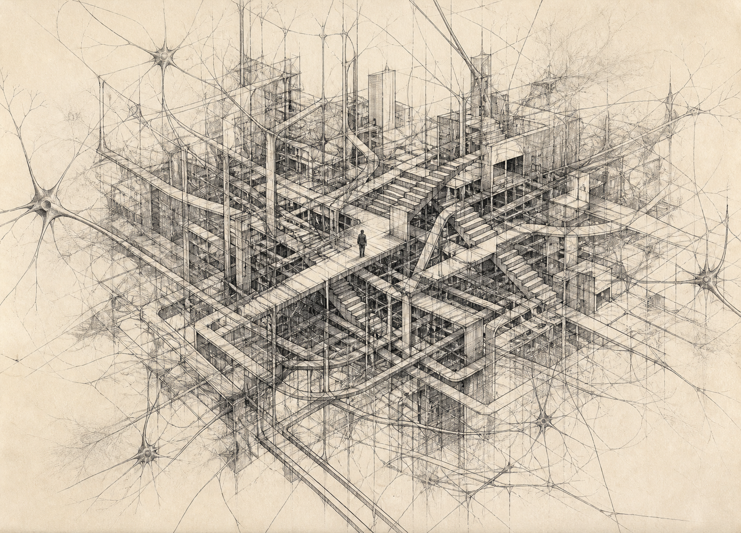 Dichte Federzeichnung einer Stadt aus Treppen, Leitungen und netzartigen Verbindungen mit einer kleinen gehenden Figur