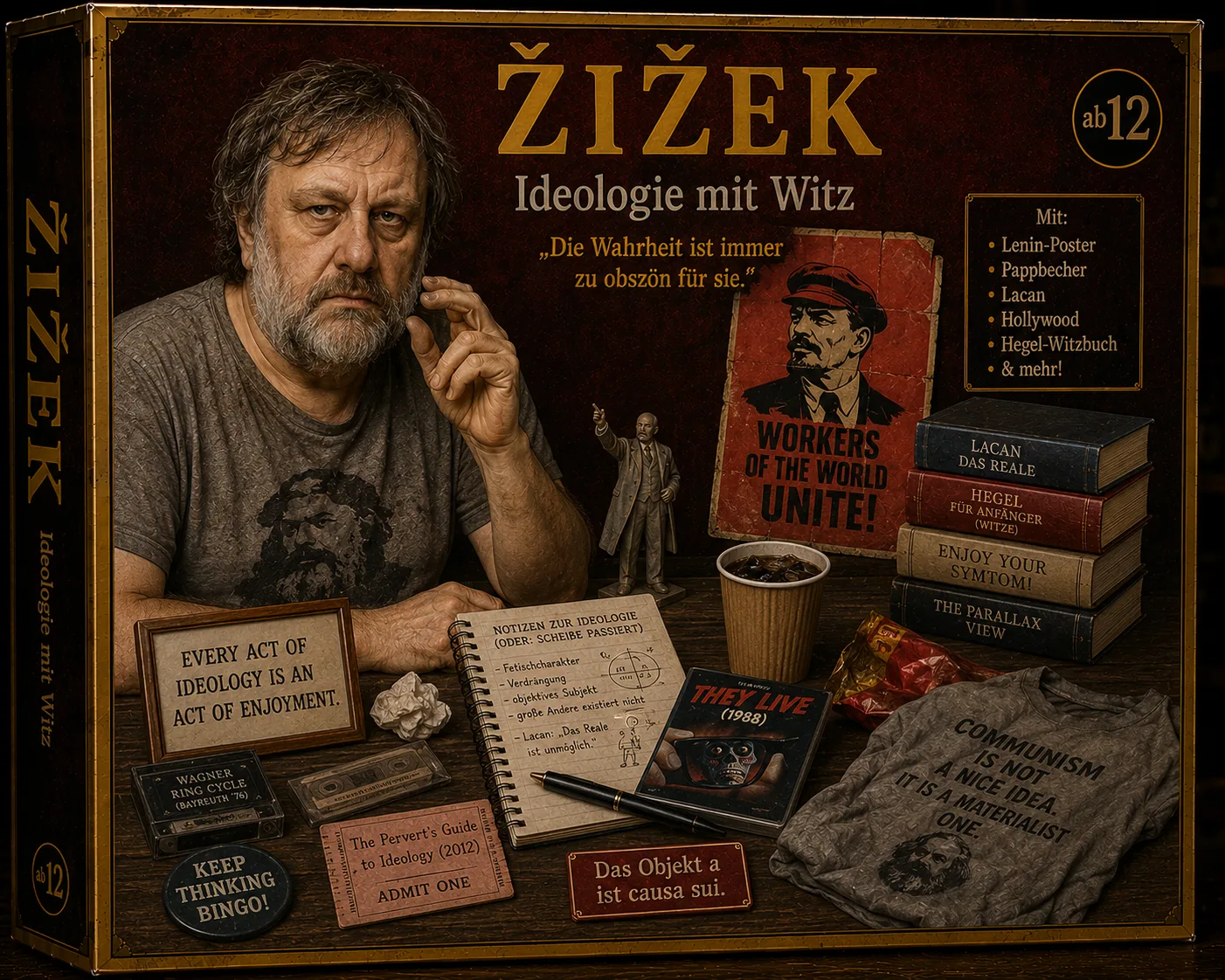 Imaginierter Denkraum zu Slavoj Žižek mit Büchern und Alltagsobjekten