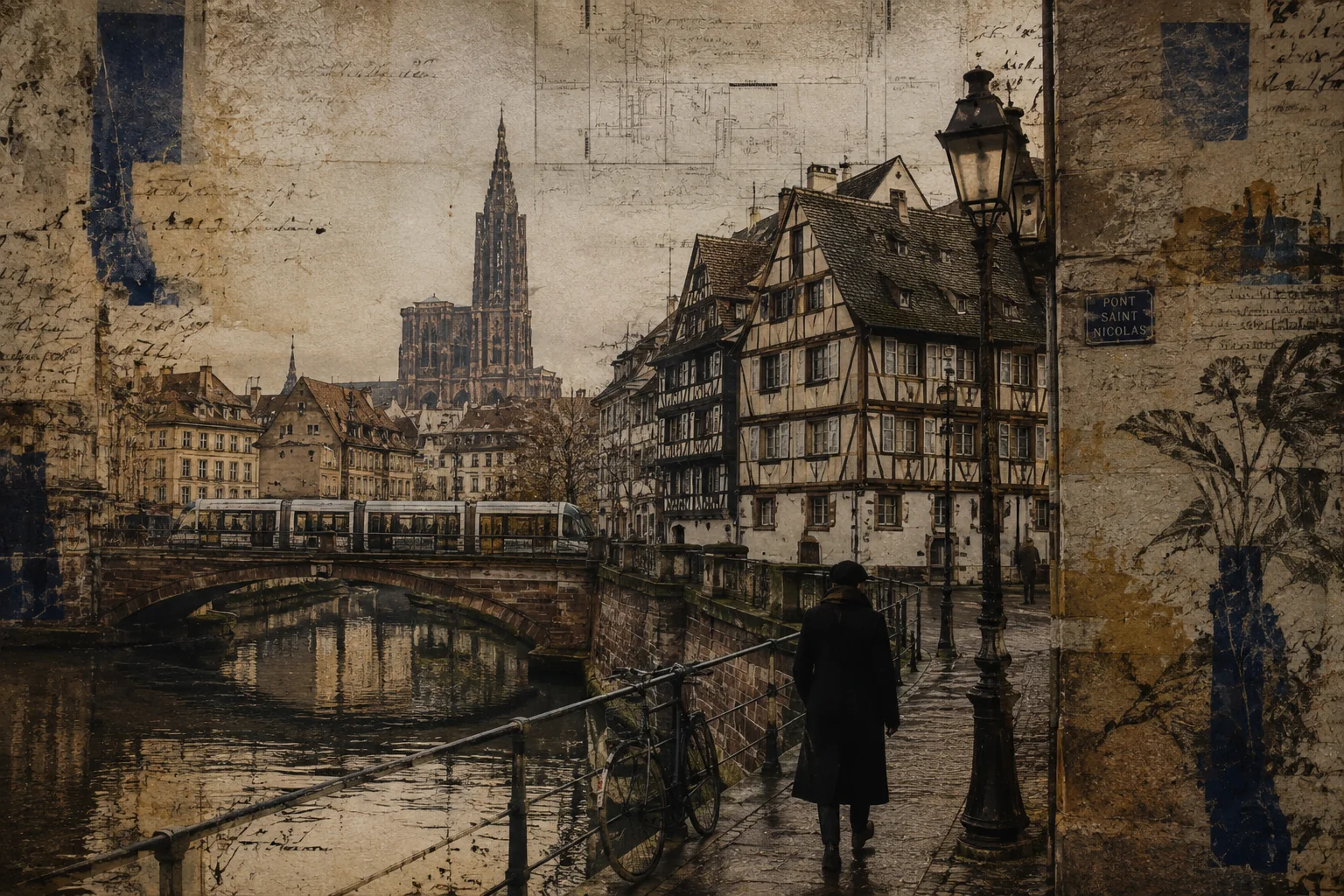 Ein Flaneur geht am Wasser in Straßburg mit Blick auf Fachwerk und Münster