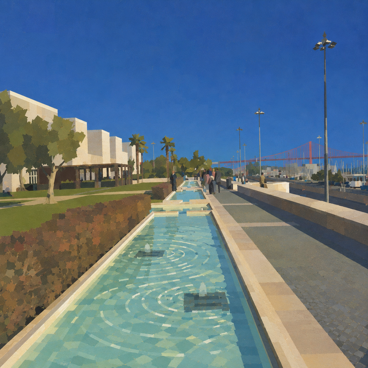 Promenade am Wasser mit Blick auf eine große rote Brücke