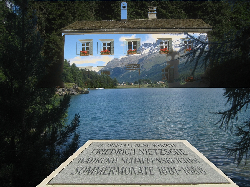Nietzsche-Haus, See und Gedenkstein in Sils Maria
