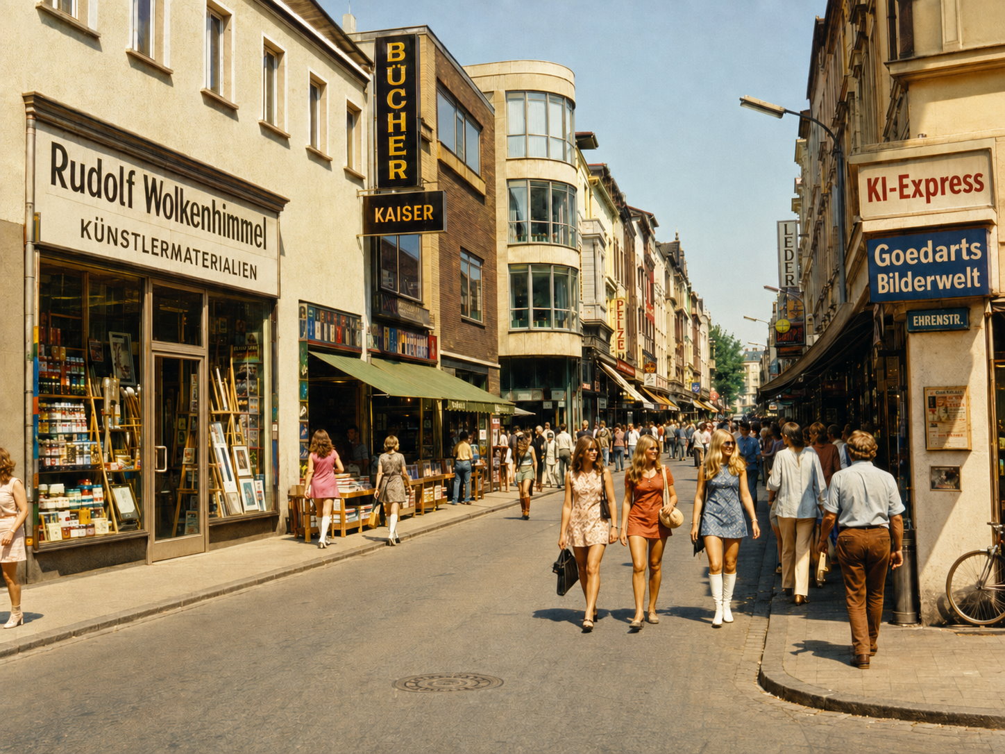 Belebte Straße mit Kunsthandlungen und Buchläden unter weitem Wolkenhimmel